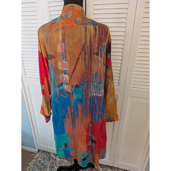 Feratelli Jacket Blouse Womens M Gold Blue Graphic Art to Wear Lagenlook Hi Low - Picture 9 of 13